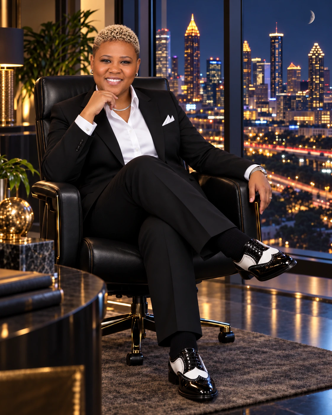 Rev. Dr. Elise Saulsberry seated in executive office with skyline